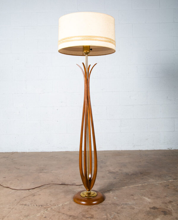 Mid Century Modern Floor Lamp Solid Sculpted Walnut Brass Round Lighting Wood VG