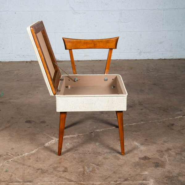 Mid Century Modern Sewing Chair Side Storage Wood White Brown Vintage Craft Seat - Image 6