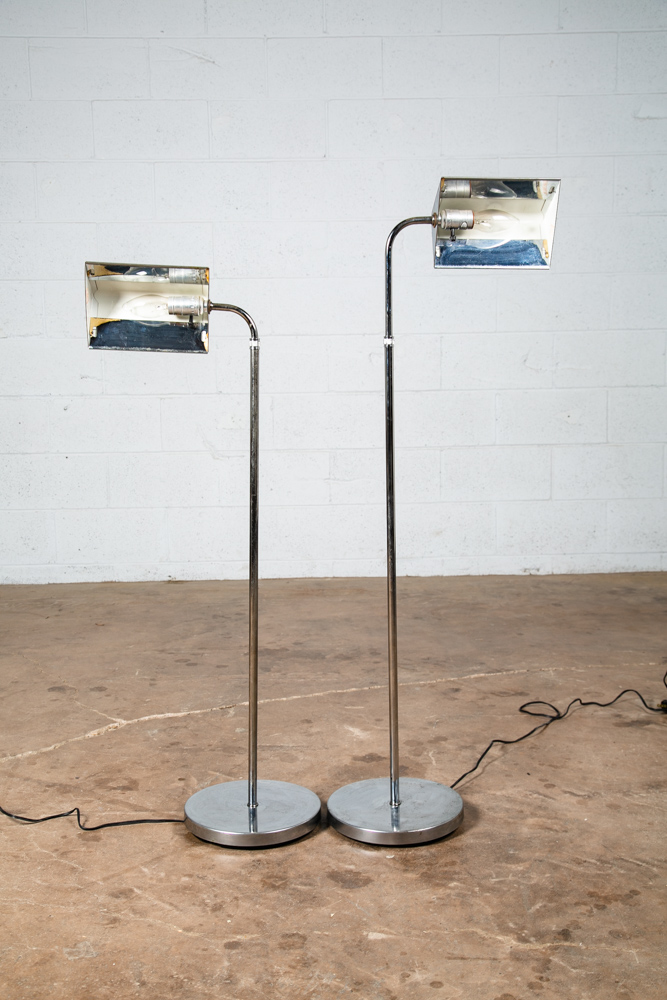 Mid Century Modern Floor Lamp Set Pair Pharmacy Chrome light Set 2 Adjustable - Image 2
