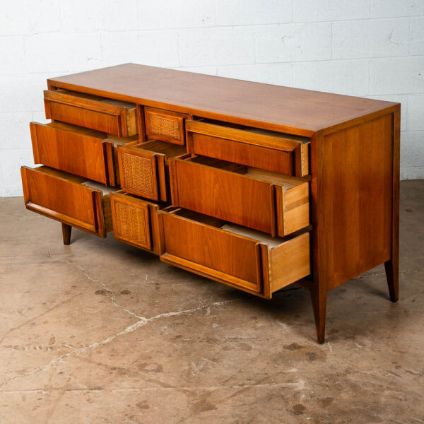 Mid Century Modern Dresser Credenza Walnut 9 Drawer Wood Danish Cane Vintage NM - Image 10