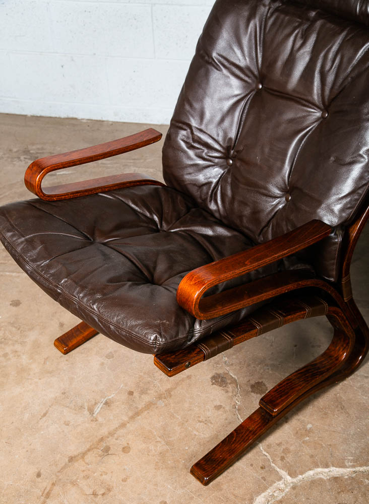 Mid Century Danish Modern Lounge Chairs Brown Leather Bentwood Ottoman Set Pair - Image 7