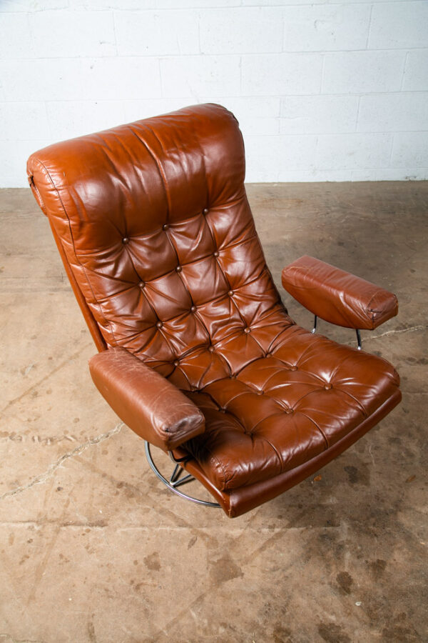 Mid Century Danish Modern Lounge Chair Swivel Burgundy Leather Metal Armchair - Image 5