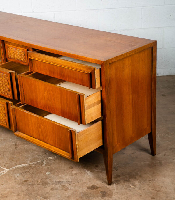 Mid Century Modern Dresser Credenza Walnut 9 Drawer Wood Danish Cane Vintage NM - Image 9