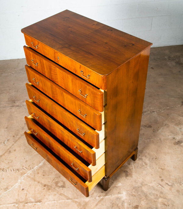 Mid Century Danish Modern Dresser Highboy Walnut Wood Denmark 7 Drawer Brass VG - Image 6