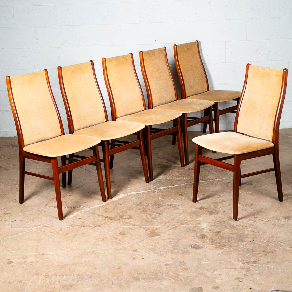 Mid Century Danish Modern Dining Chairs 6 Tan Farstrup High Back Mohair Vintage