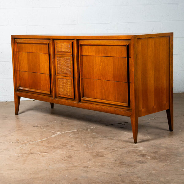 Mid Century Modern Dresser Credenza Walnut 9 Drawer Wood Danish Cane Vintage NM