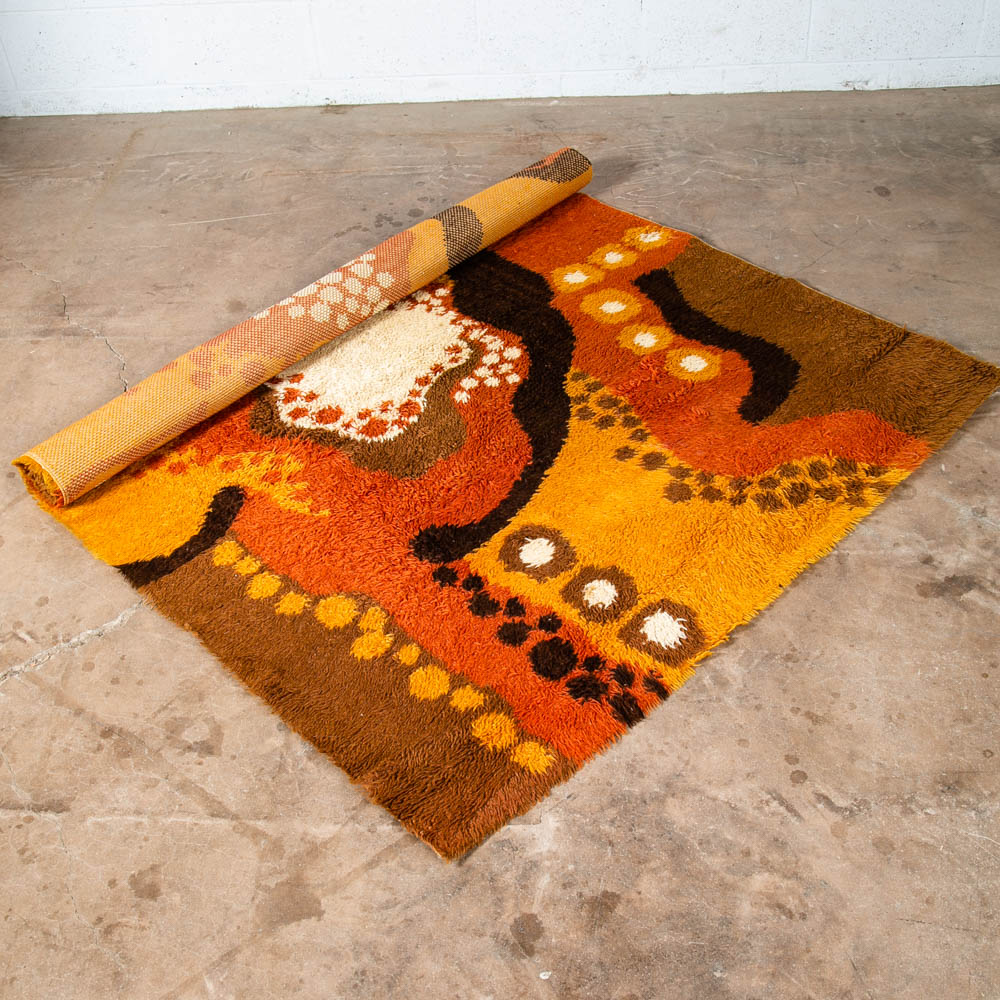 Mid Century Modern Shag Rug Ege Rya Abstract Tan White Brown Wool 72.5x57 Area - Image 5