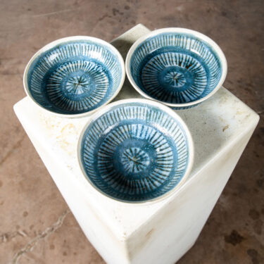 Mid Century Modern Round Bowl Set of 3 Studio Ceramics Blue White Round Signed