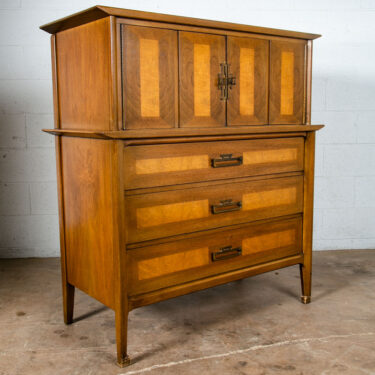 Mid Century Modern Dresser Highboy Tall Vintage Walnut Burl Brass United Shuff