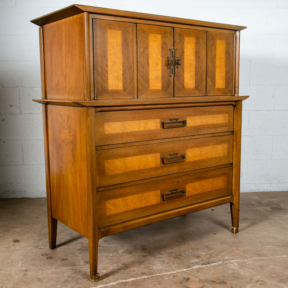 Mid Century Modern Dresser Highboy Tall Vintage Walnut Burl Brass United Shuff
