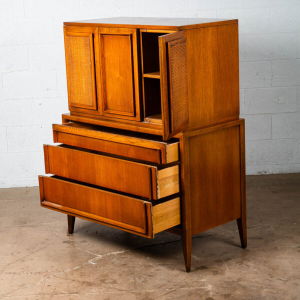 Mid Century Modern Highboy Dresser 5 Drawer Walnut Tall Cane Vintage Tall 1960s - Image 4