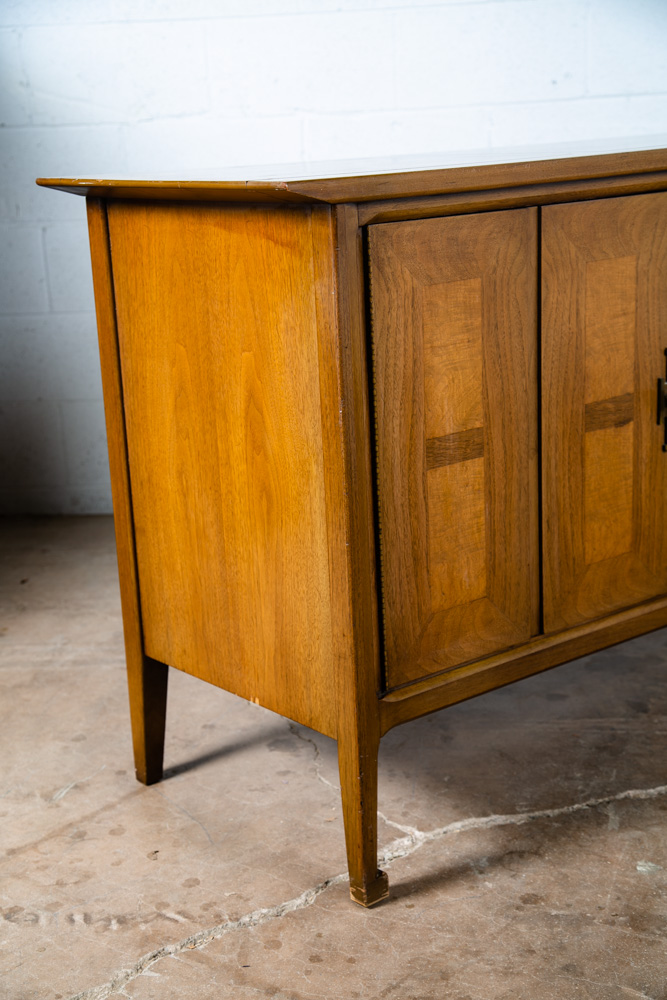 Mid Century Modern Dresser Credenza Vintage Walnut Burl Brass United Shuff - Image 6