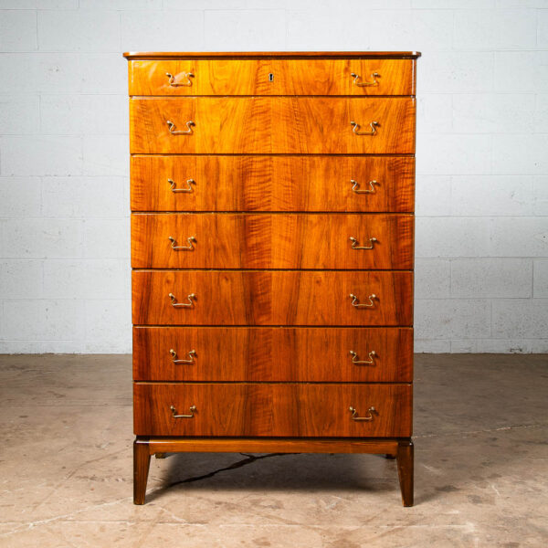 Mid Century Danish Modern Dresser Highboy Walnut Wood Denmark 7 Drawer Brass VG - Image 9
