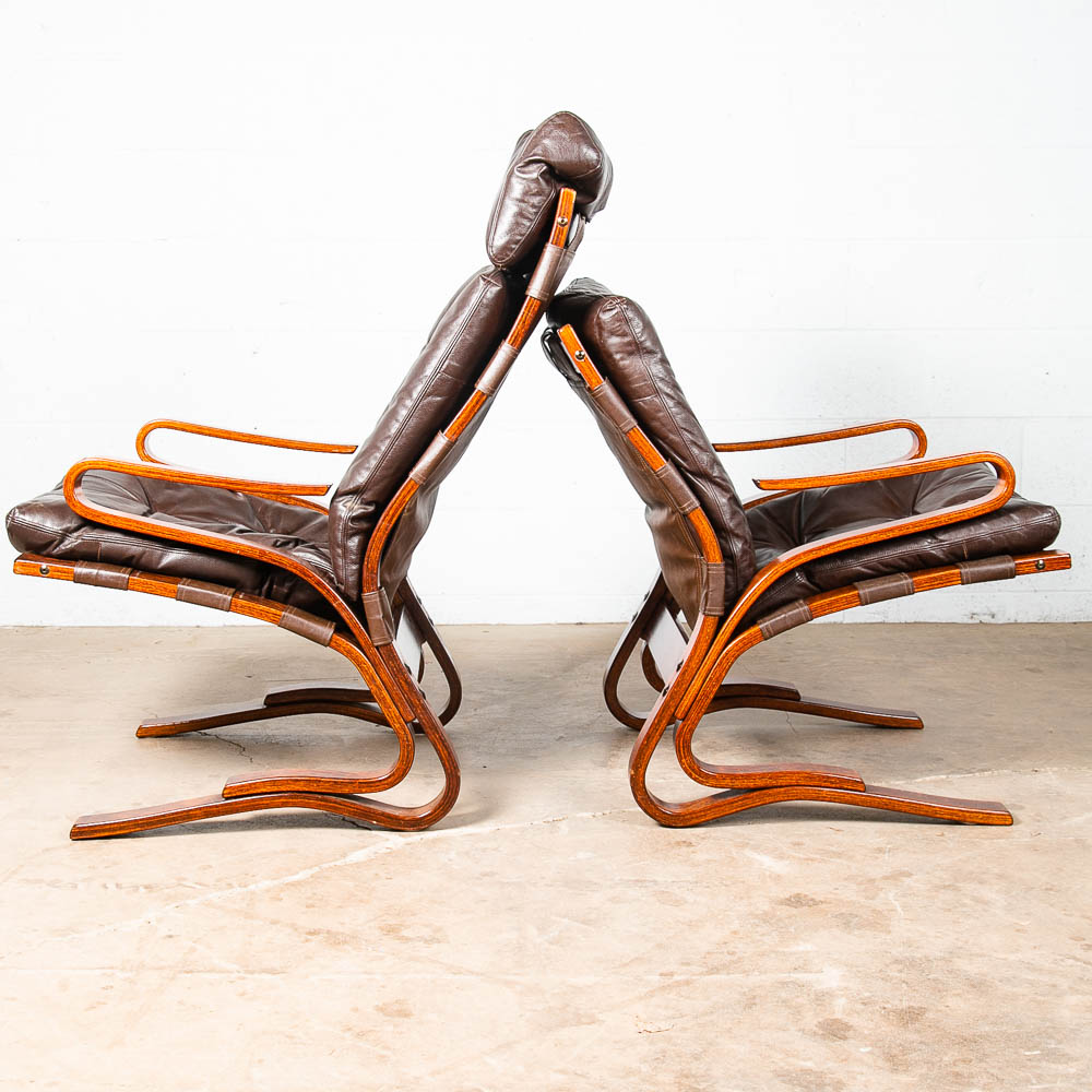 Mid Century Danish Modern Lounge Chairs Brown Leather Bentwood Ottoman Set Pair - Image 4