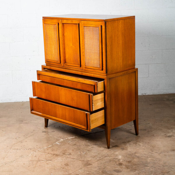 Mid Century Modern Highboy Dresser 5 Drawer Walnut Tall Cane Vintage Tall 1960s - Image 3