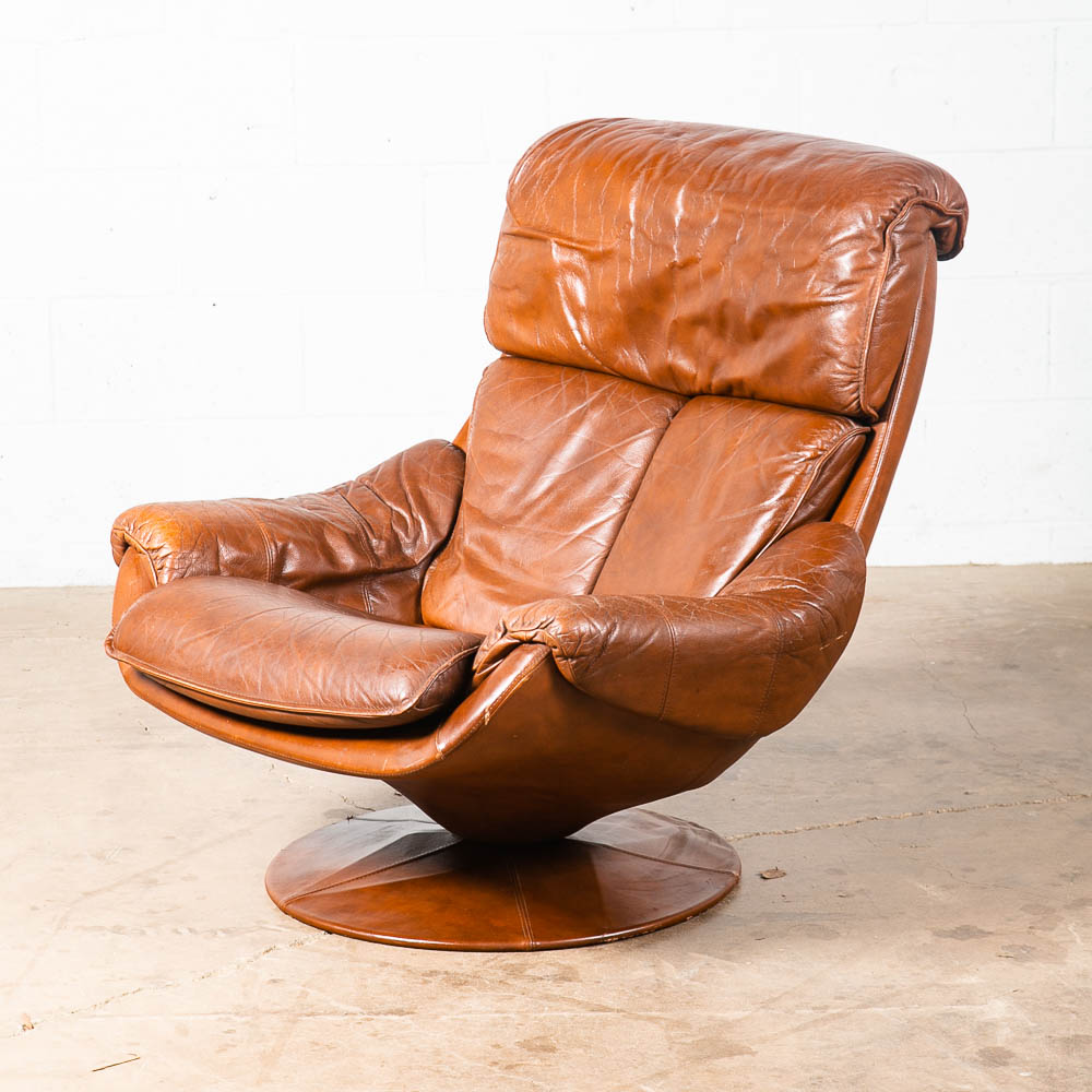 Mid Century Danish Modern Lounge Chair Brown Leather Danish Swivel Arm Artima - Image 5