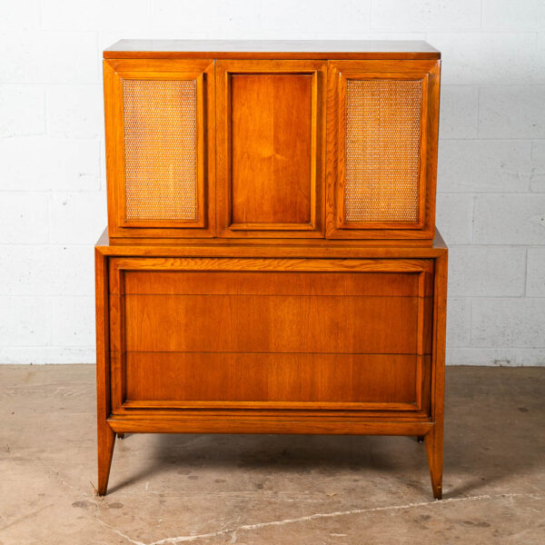 Mid Century Modern Highboy Dresser 5 Drawer Walnut Tall Cane Vintage Tall 1960s - Image 2