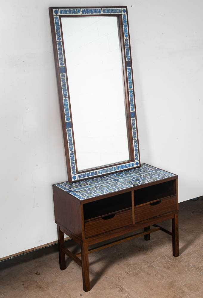Mid Century Danish Modern End Table Vanity Mirror Rosewood Drawer Haslev Hansen