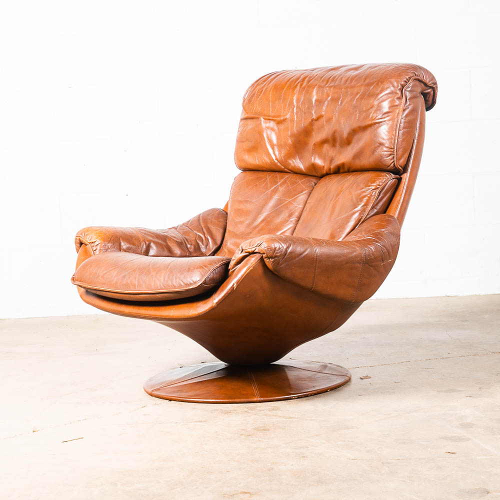 Mid Century Danish Modern Lounge Chair Brown Leather Danish Swivel Arm Artima