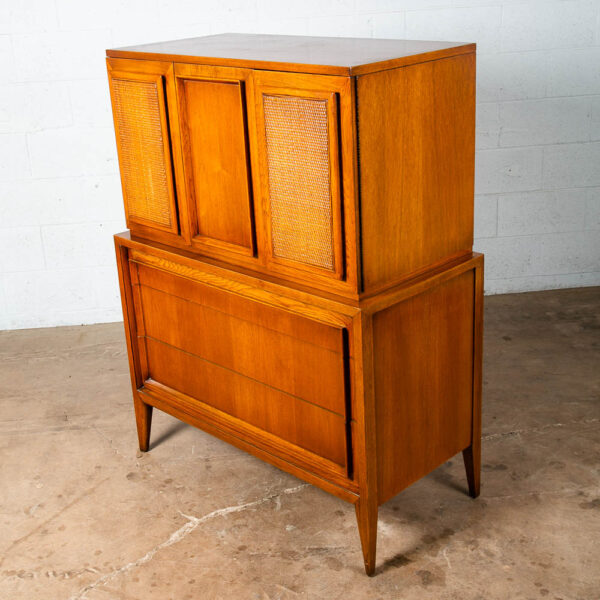 Mid Century Modern Highboy Dresser 5 Drawer Walnut Tall Cane Vintage Tall 1960s - Image 8
