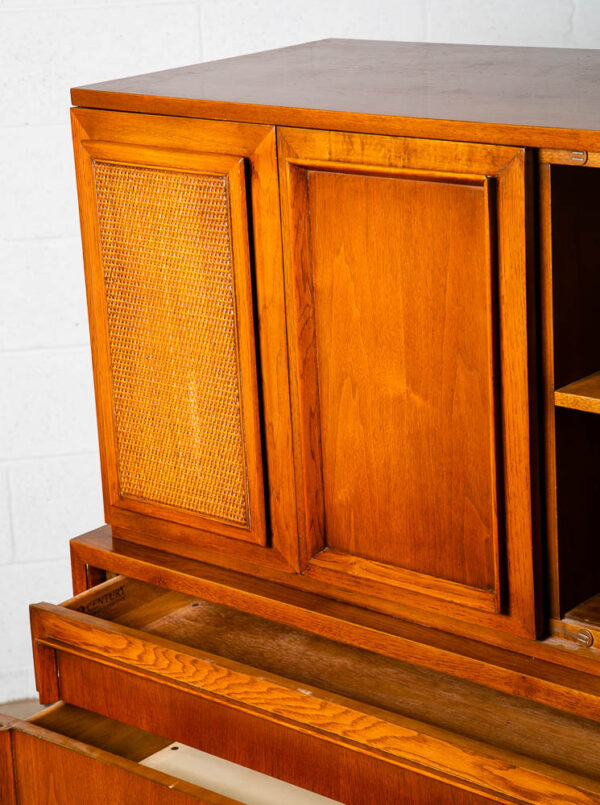 Mid Century Modern Highboy Dresser 5 Drawer Walnut Tall Cane Vintage Tall 1960s - Image 9