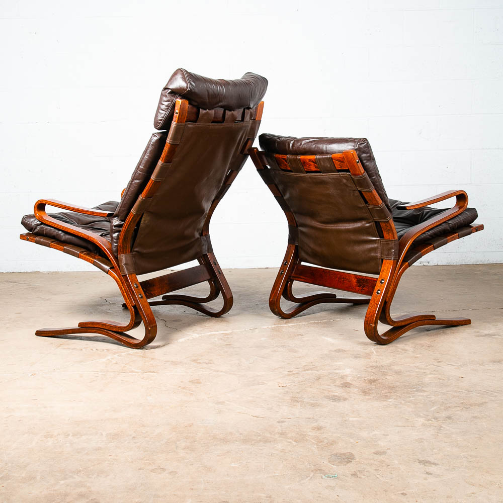 Mid Century Danish Modern Lounge Chairs Brown Leather Bentwood Ottoman Set Pair - Image 5
