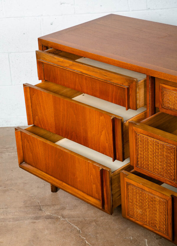 Mid Century Modern Dresser Credenza Walnut 9 Drawer Wood Danish Cane Vintage NM - Image 4