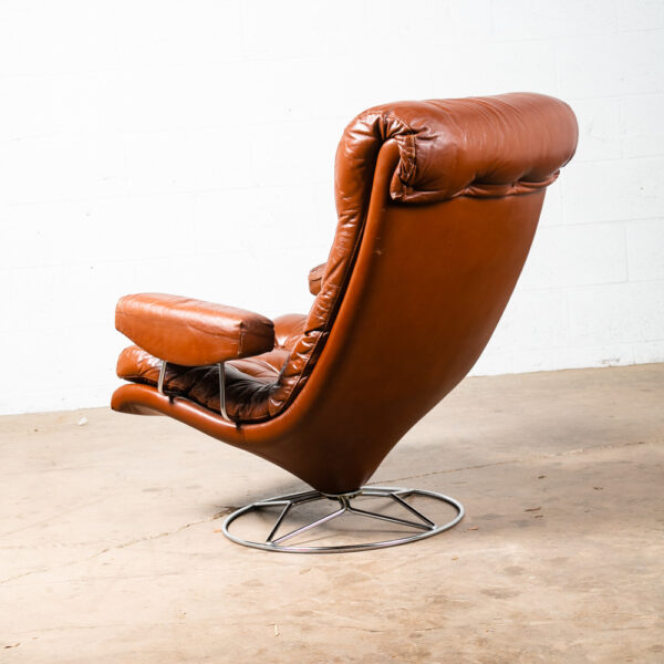 Mid Century Danish Modern Lounge Chair Swivel Burgundy Leather Metal Armchair - Image 3