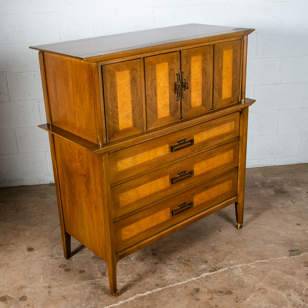 Mid Century Modern Dresser Highboy Tall Vintage Walnut Burl Brass United Shuff - Image 5