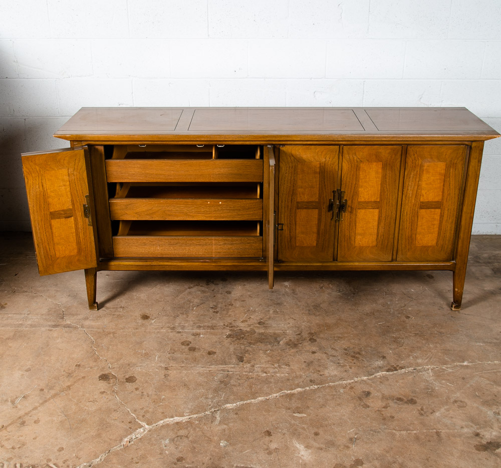 Mid Century Modern Dresser Credenza Vintage Walnut Burl Brass United Shuff - Image 3