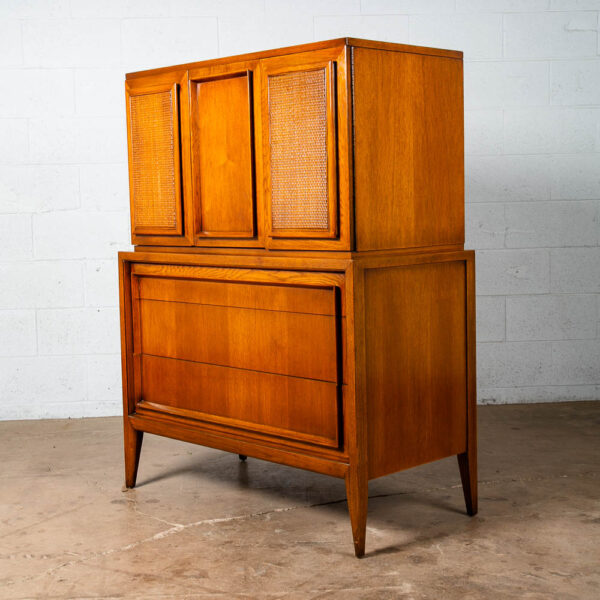 Mid Century Modern Highboy Dresser 5 Drawer Walnut Tall Cane Vintage Tall 1960s