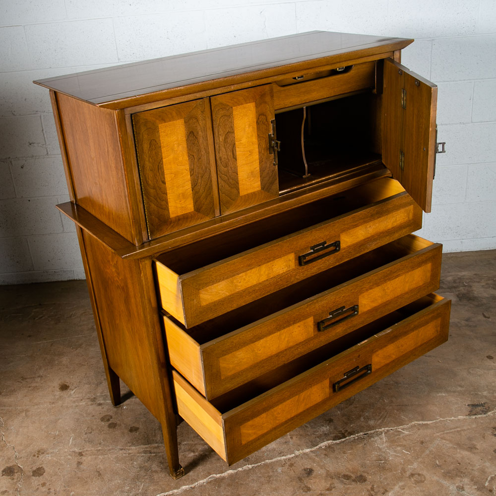 Mid Century Modern Dresser Highboy Tall Vintage Walnut Burl Brass United Shuff - Image 8