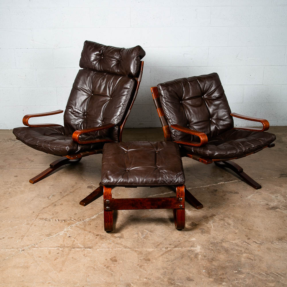 Mid Century Danish Modern Lounge Chairs Brown Leather Bentwood Ottoman Set Pair - Image 3