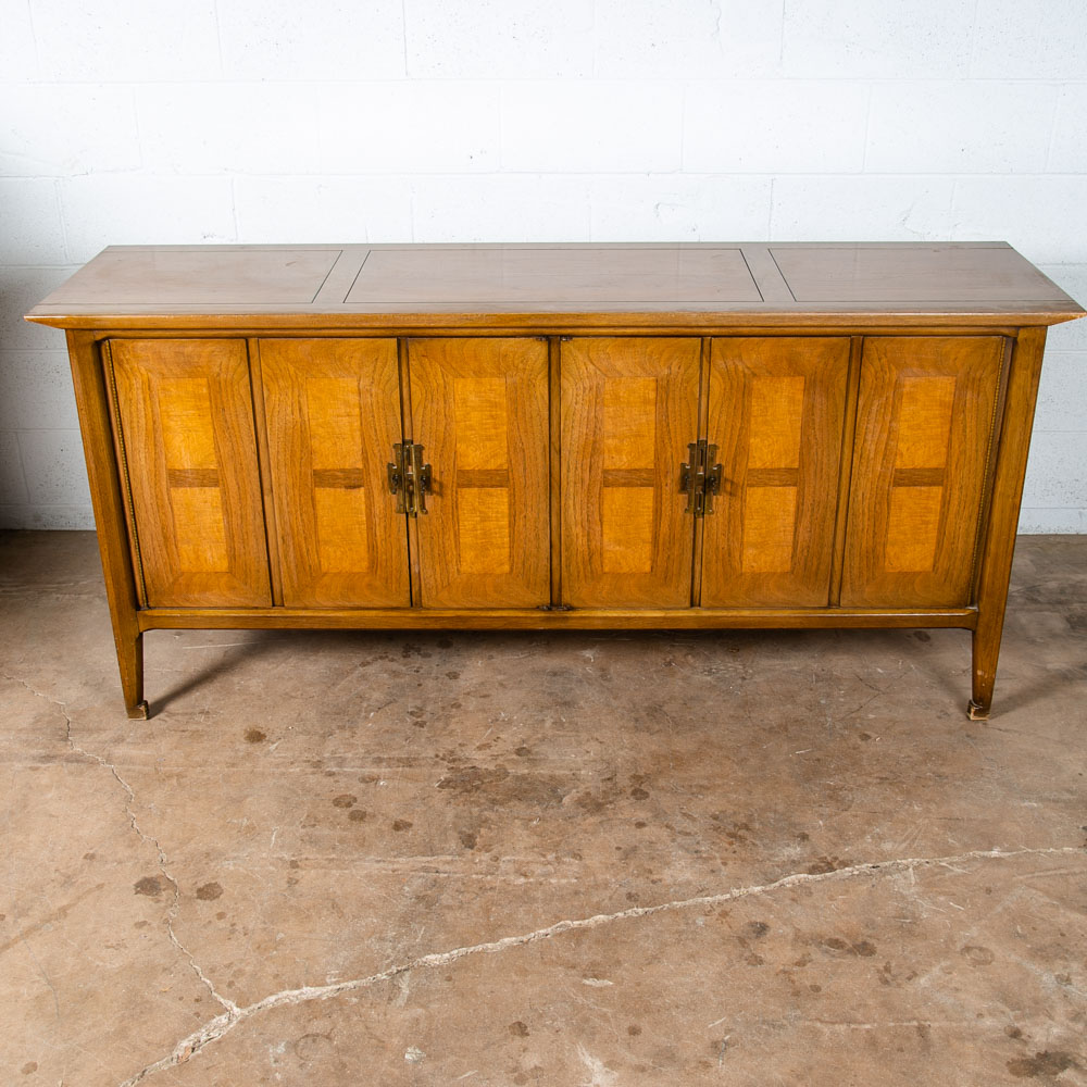 Mid Century Modern Dresser Credenza Vintage Walnut Burl Brass United Shuff - Image 2