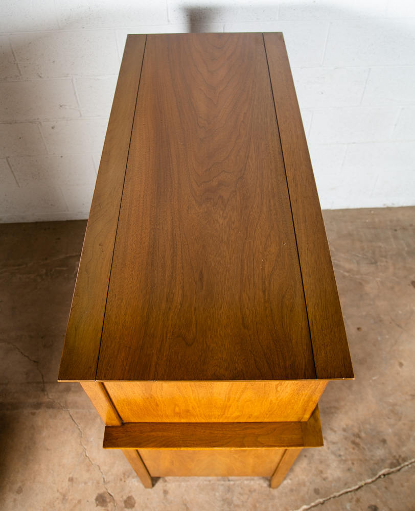 Mid Century Modern Dresser Highboy Tall Vintage Walnut Burl Brass United Shuff - Image 3