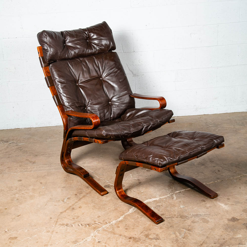 Mid Century Danish Modern Lounge Chairs Brown Leather Bentwood Ottoman Set Pair - Image 10