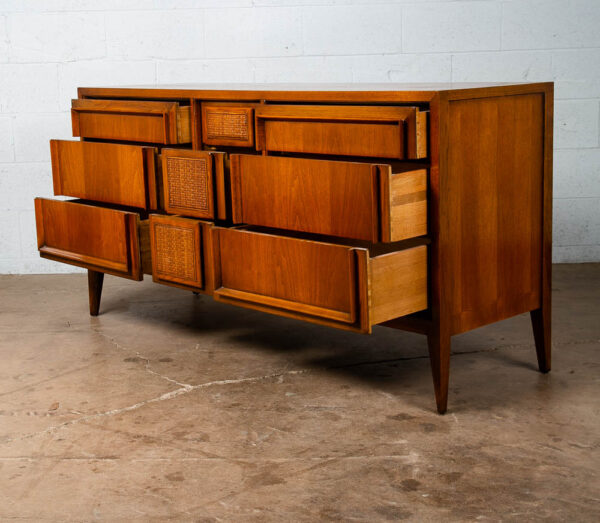 Mid Century Modern Dresser Credenza Walnut 9 Drawer Wood Danish Cane Vintage NM - Image 8