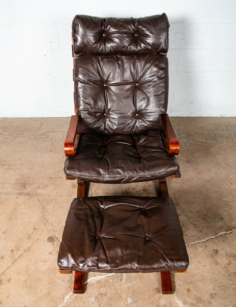 Mid Century Danish Modern Lounge Chairs Brown Leather Bentwood Ottoman Set Pair - Image 11