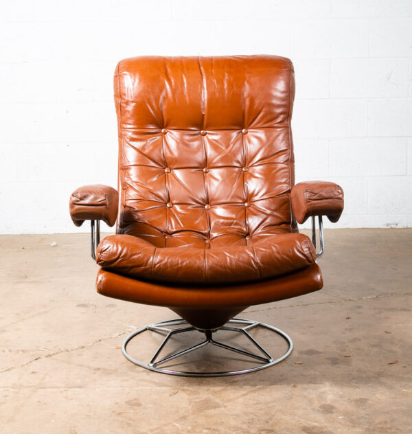 Mid Century Danish Modern Lounge Chair Swivel Burgundy Leather Metal Armchair - Image 2
