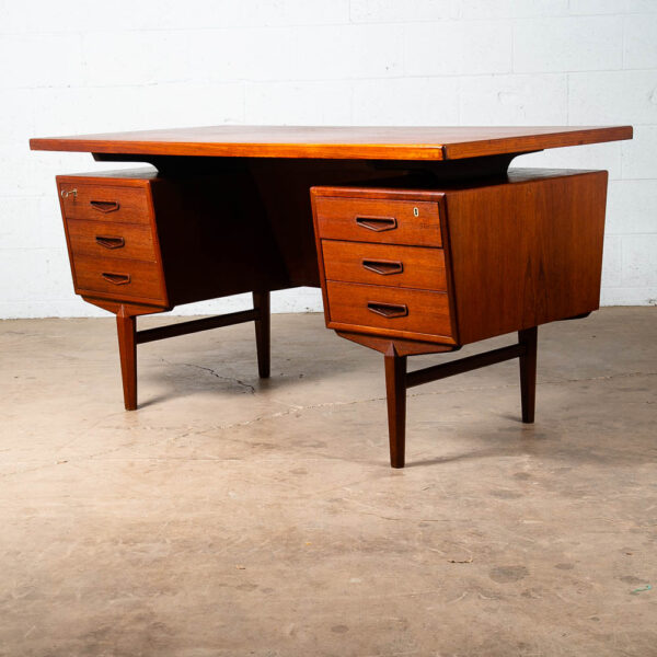 Mid Century Danish Modern Desk Executive Teak 6 Drawer Bookshelf Floating Doors