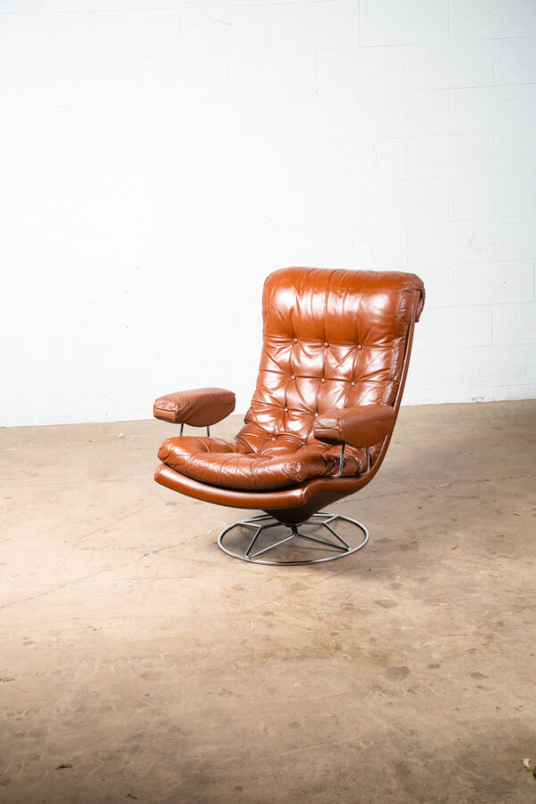 Mid Century Danish Modern Lounge Chair Swivel Burgundy Leather Metal Armchair - Image 9