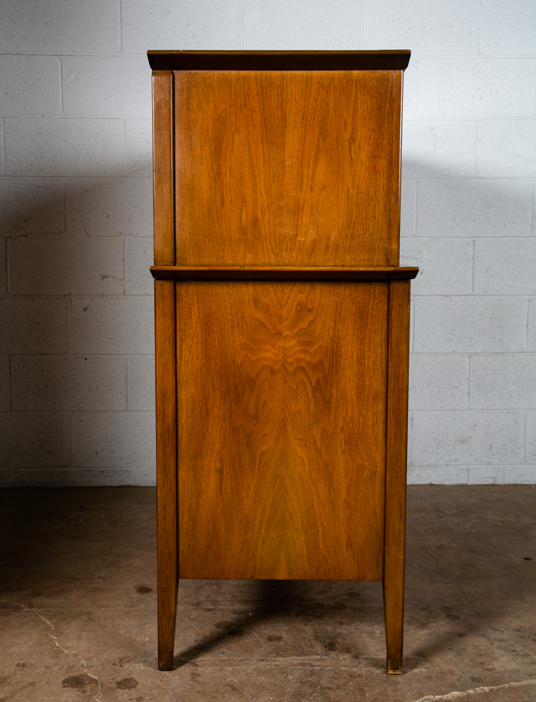 Mid Century Modern Dresser Highboy Tall Vintage Walnut Burl Brass United Shuff - Image 4