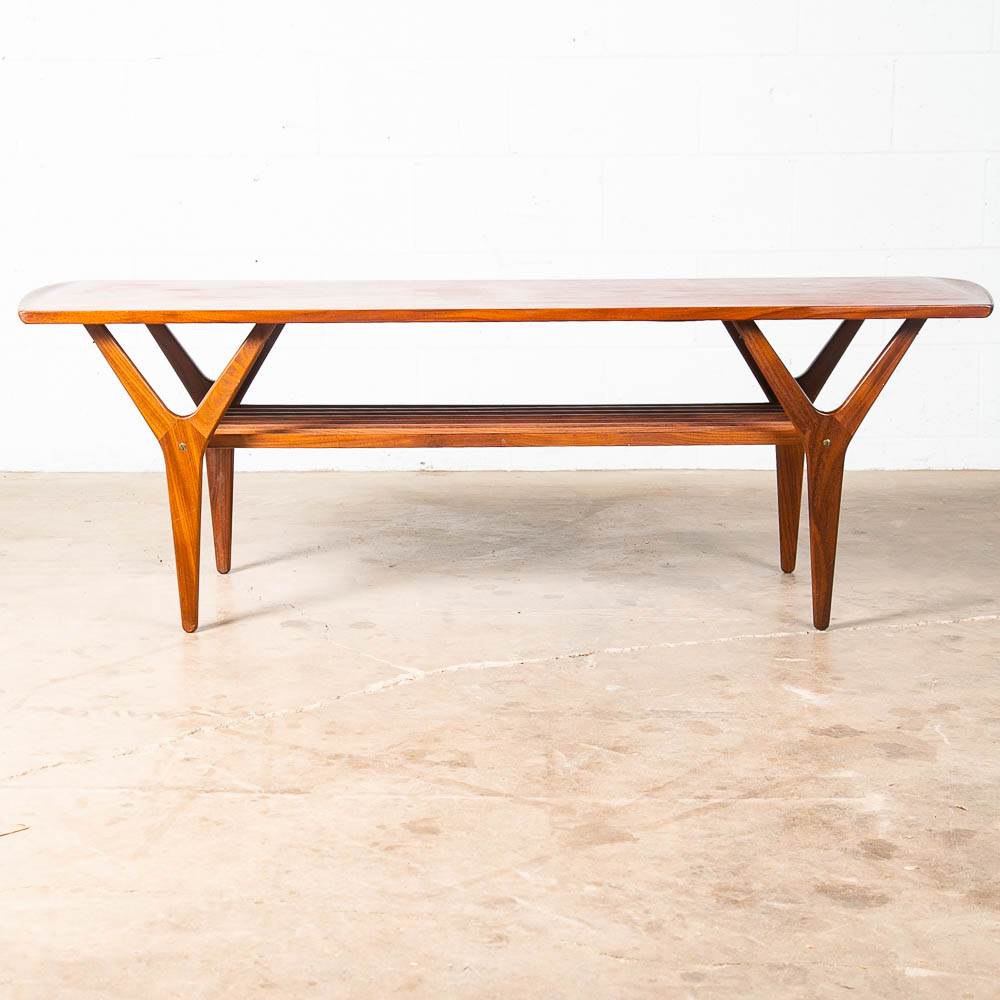 Mid Century Danish Modern Coffee Table Surfboard Shelf Teak Henning Kjaernulf NM - Image 2