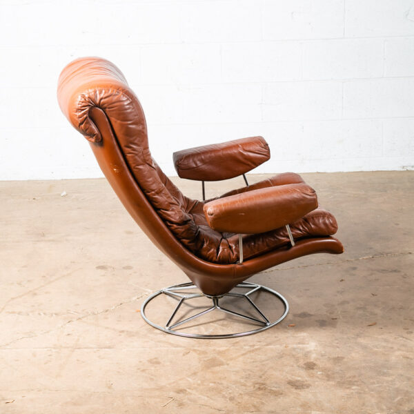 Mid Century Danish Modern Lounge Chair Swivel Burgundy Leather Metal Armchair - Image 4
