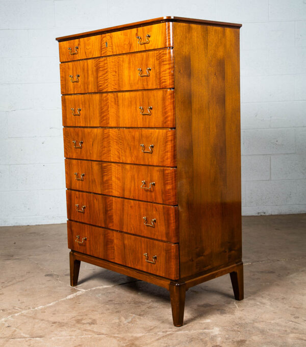 Mid Century Danish Modern Dresser Highboy Walnut Wood Denmark 7 Drawer Brass VG - Image 2