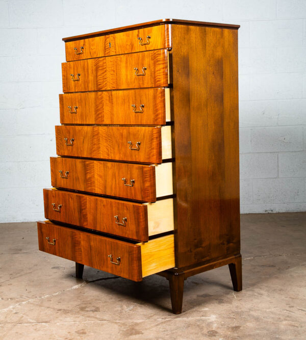 Mid Century Danish Modern Dresser Highboy Walnut Wood Denmark 7 Drawer Brass VG - Image 3