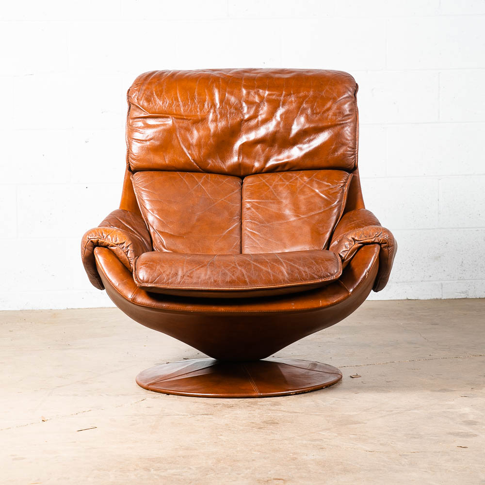 Mid Century Danish Modern Lounge Chair Brown Leather Danish Swivel Arm Artima - Image 2