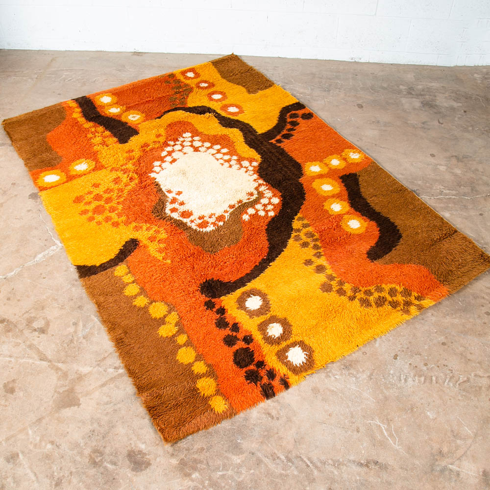 Mid Century Modern Shag Rug Ege Rya Abstract Tan White Brown Wool 72.5x57 Area