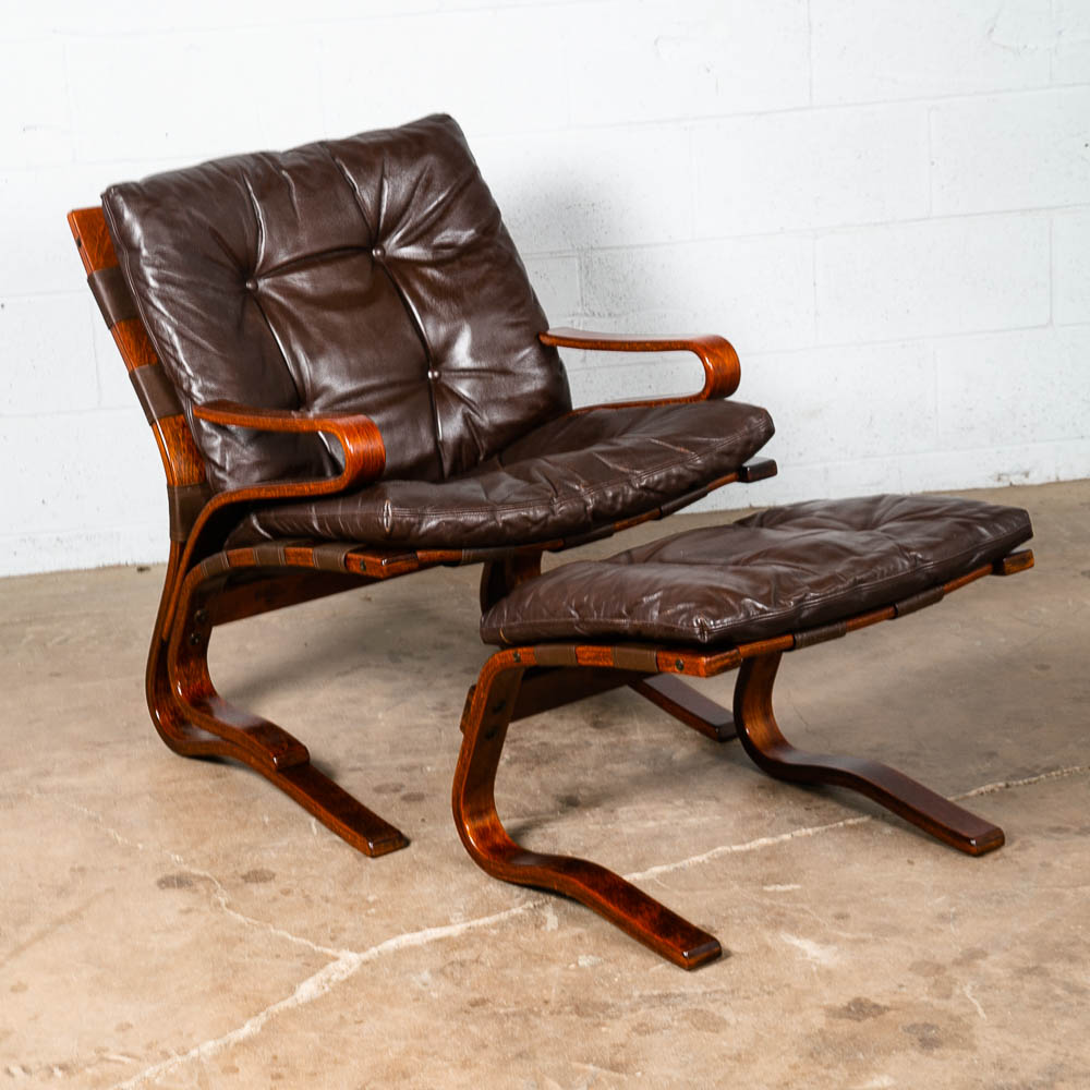 Mid Century Danish Modern Lounge Chairs Brown Leather Bentwood Ottoman Set Pair - Image 8