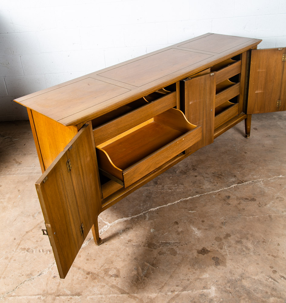 Mid Century Modern Dresser Credenza Vintage Walnut Burl Brass United Shuff - Image 5